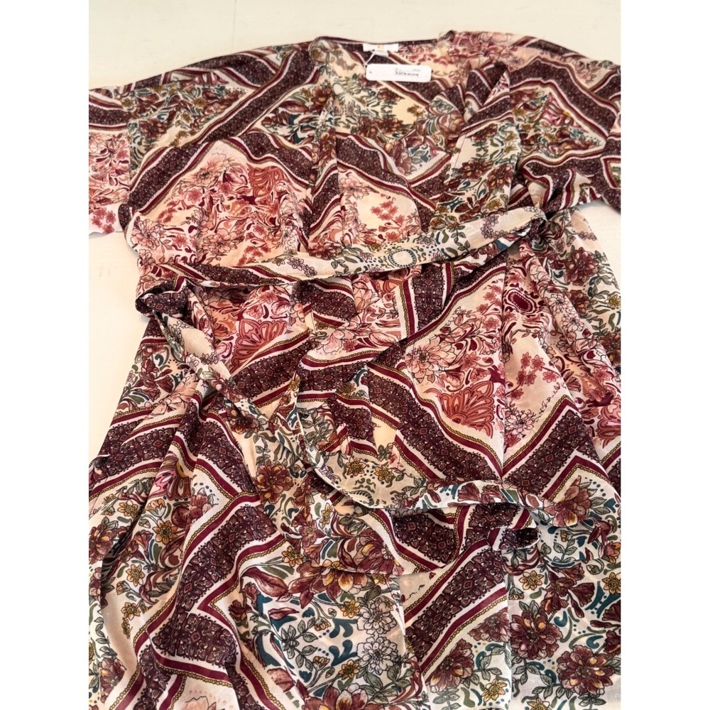 Charming Charlie Kimono Wrap Floral Geometric Border Print Wine Dark XL NWT